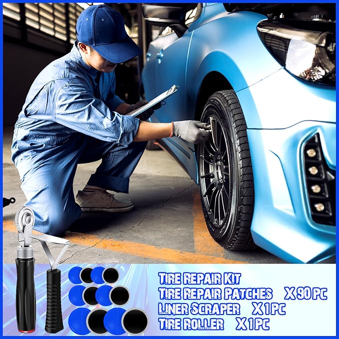 Tallew 90 Pcs Tire Patches Kit 32 mm 42 mm 58 mm Tire Repair Unit with Roller and Liner Scraper, Tube Patch Auto Repair Stitcher Tools for Car Truck Bike Motorcycle Wheel