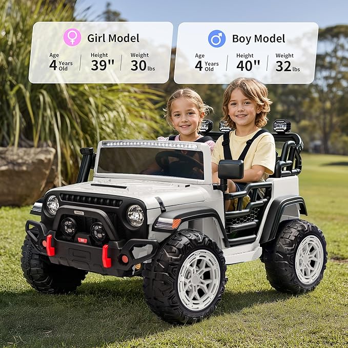 2 Seater Electric Ride on Car Truck, 24V 4x4 Ride on Toy for Kids 4-8 with Remote Control, EVA Tires - White