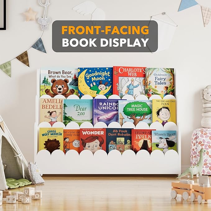 SpaceAid 3-Tier Scalloped Bookshelf, Montessori Bookcase for Toddlers, Wooden Book Shelf Organizer Display Furniture for Kids Rooms, Playroom, Nursery and Classroom, 36.7“ Wide, White