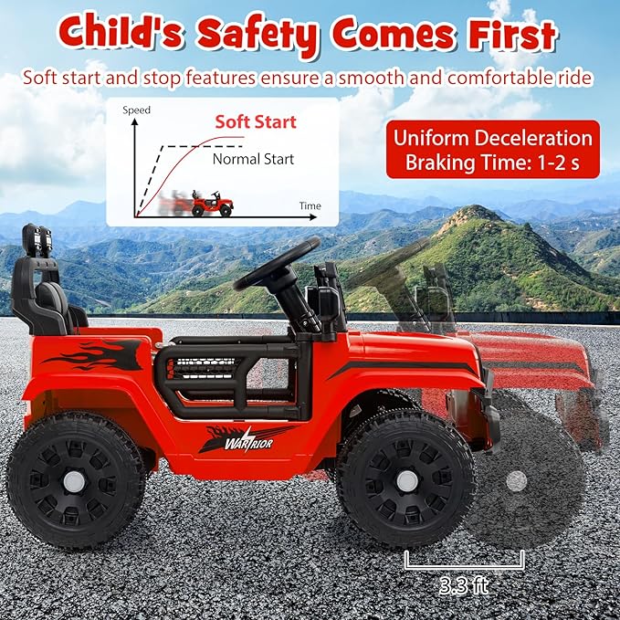 Costzon Kids Ride on Car Truck, 12V Electric Vehicle w/Foldable Mirrors, 3 Speeds, LED Lights, Music & Horn, Ride on Toys Remote Control Car for Toddlers, Boys & Girls (Red,34" × 23" × 21")