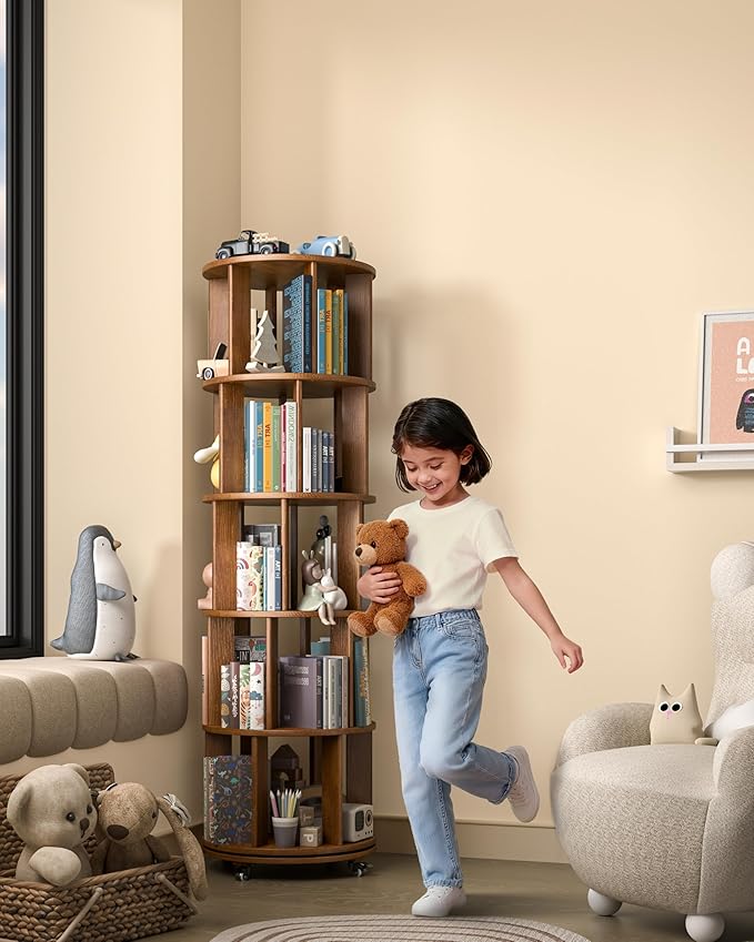 5-Tier Solid Wood Rotating Bookshelf on Wheels, 360° Spinning Book Shelf Tower, Round Revolving Bookcase Organizer, Rolling Bookshelves for Small Spaces, Corner, Bedroom, Kids Room, Office, Walnut