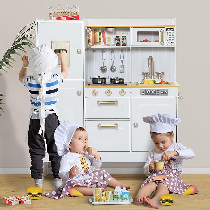Play Kitchen for Kids, Wooden Kids Kitchen Playset with Realistic Sounds, Children Pretend Toy Kitchen Playset w/Stove, Oven & Ice Maker, Little Chef Play Kitchen for Girls and Boys, White