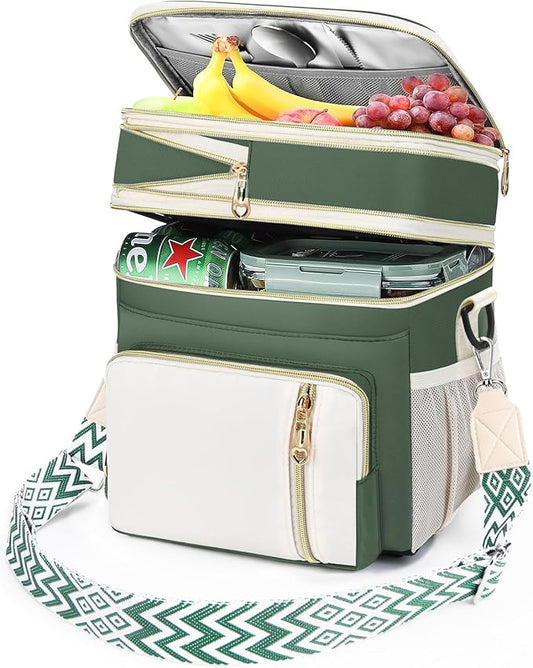 LOKASS Lunch Box for Women/Men-16L-Insulated Lunch Bag, Expandable Double-layer Leakproof Cooler Bag with Upgrade Adjustable Shoulder Strap Ideal for Work/Travel/Picnics（Army Green）