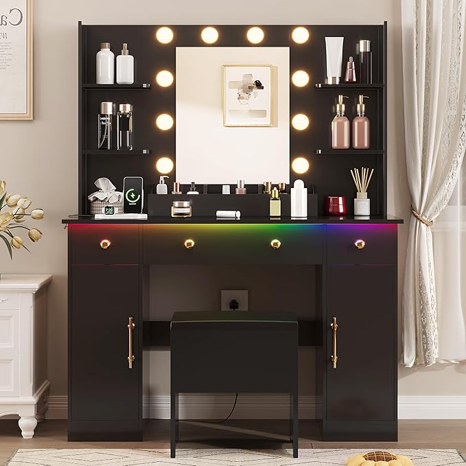 Vanity Desk with Mirror and Lights,Black Makeup Vanity with Charging Station & Stool, 3 Drawers and Cabinets, White Vanity Mirror with RGB LED Lights Makeup Desk and Chair for Women