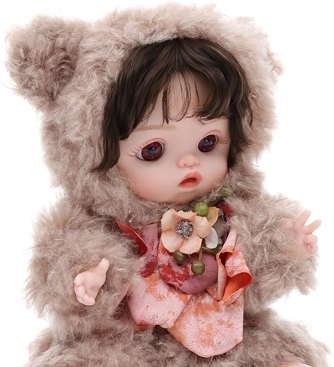 Reborn Baby Doll 10 Inch – Lifelike Full Vinyl Girl in Cozy Brown Bear Outfit – Comfort Collectible Doll Gift for Girls