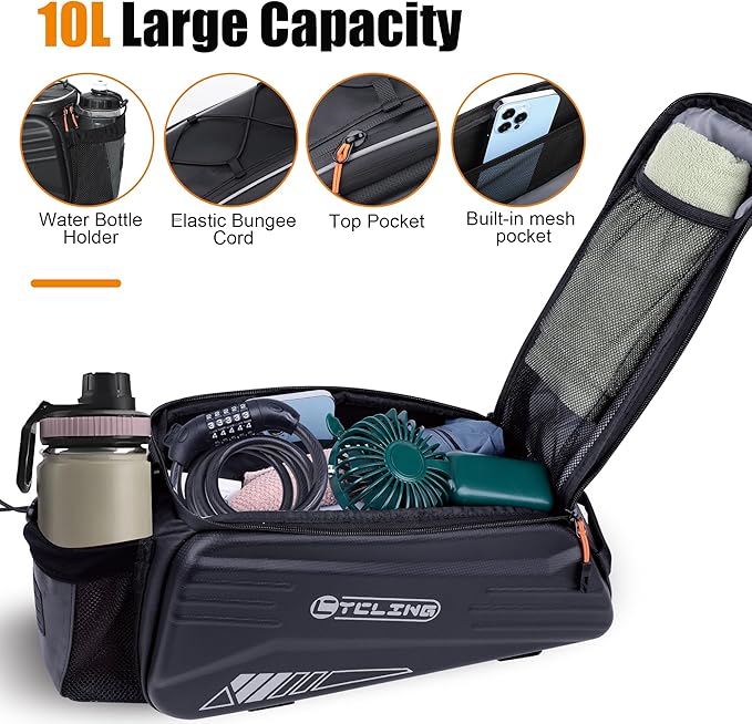 Bike Bags for Bicycle Rear Rack - 10L EVA Hard Shell Waterproof 3-in-1 Ebike Trunk Cargo Pannier Bag with Reflective Strip & Shoulder Strap for Commuter Travel Outdoor Cycling Accessories