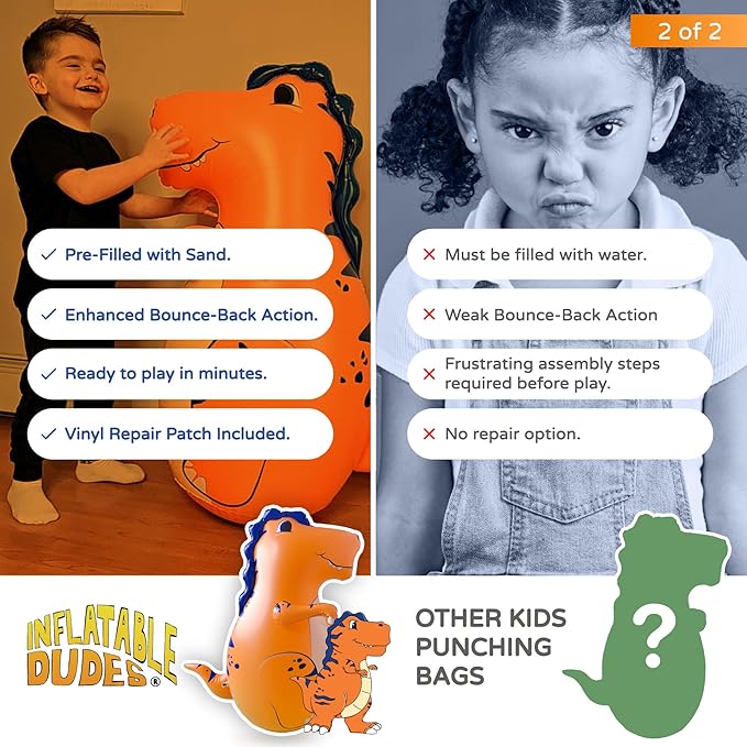 INFLATABLE DUDES Dinosaur -Kids Punching Bag | Already Filled with Sand| Bop Bag | Premium Inflatable Toy | Punching Bag for Kids | Enhanced Bounce-Back Action! | Indoor Outdoor - Party Games