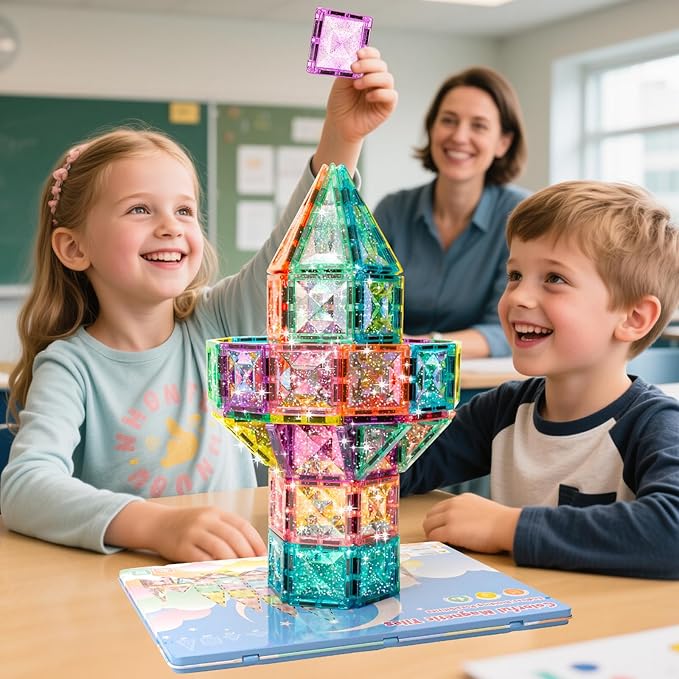 Large-Size Glitter Diamond Magnetic Tiles 60 Pcs Magnetic Block Set with Storage Box STEM Educational Sensory Toy Preschool Building Toy for Toddlers Christmas Kids Ages 2 3 4 5 6 7 8 9