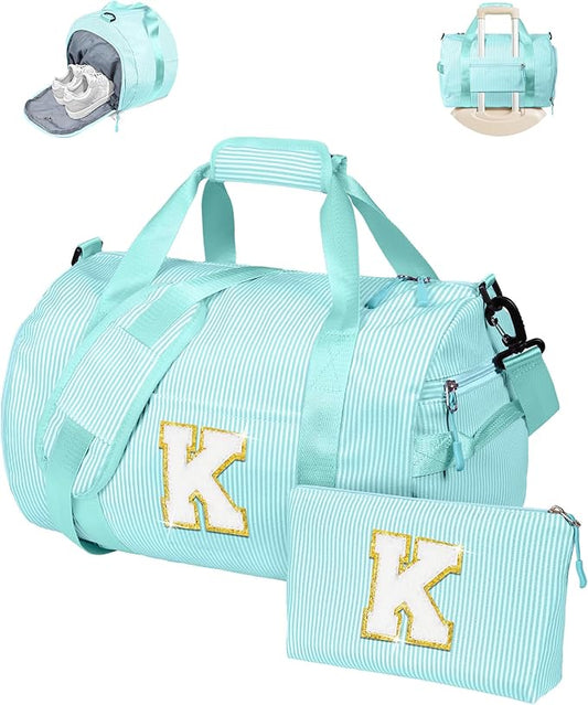 Daughter Birthday Gift, Girls Travel Duffle Bag, Kids Initial Overnight Bags with Shoe Compartment, Personalized Weekend Bag with Cosmetic Pouch, Teen Girl Gifts Trendy Stuff (Letter K)