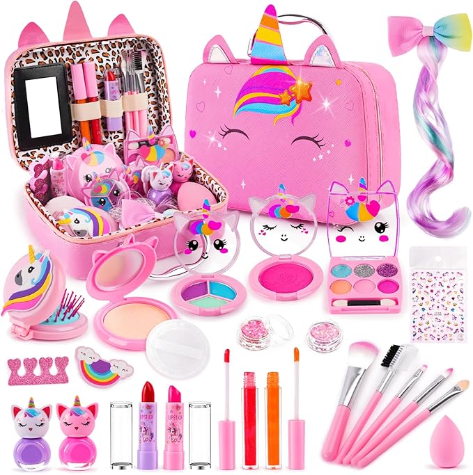 Kids Makeup Sets for Girls, Real Washable Make Up Kits Toys Toddler Children Princess Dress Up Birthday Toy for 3 4 5 6 7 8 9 10 11 12 Years (Pink)