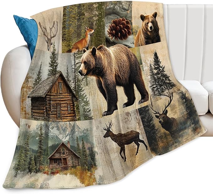 Cabin Bear Blanket, Rustic Bear Deer Fleece Blanket Gifts for Boys Girls, Warm Cozy Soft Flannel Stuff for Bed Sofa Couch 60" x 50"