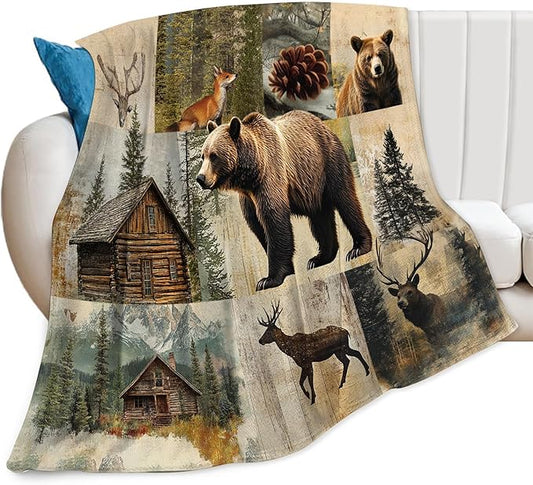 Cabin Bear Blanket, Rustic Bear Deer Fleece Blanket Gifts for Boys Girls, Warm Cozy Soft Flannel Stuff for Bed Sofa Couch 60" x 50"