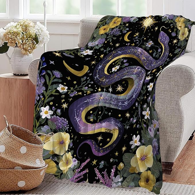 Purple Snake Blanket Fantasy Floral Reptiles Throw Blankets Gifts for Girls Boys Kids Snake Lover Soft Cozy Fleece Plush for Couch Sofa Bed 80"x60"