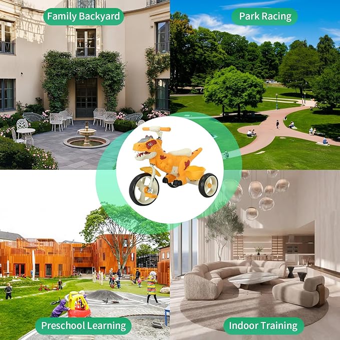 Dinosaur Kids Tricycle for Rider, Toddlers 2-6 Years - Trike Bike with Music, LED Lights, Storage Basket & Rubber Wheels | Indoor/Outdoor Big Wheels Bike Gift for Boys & Girls (Yellow)