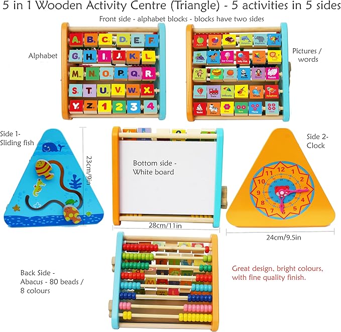 TOWO Wooden Activity Centre Triangle Toys - flip Flop Alphabet Blocks Abacus Clock - Activity Cube for Toddlers 5 in 1- for Babies Montessori Learning-Wooden Toys for 1 Year Old