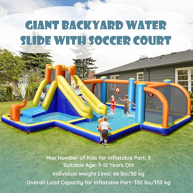 BOUNTECH Inflatable Water Slide, Kids Water Park Jump Castle Water Soccer with Dual Cannons, Splash Pool, Water Slides Inflatables for Kids Outdoor, Backyard Party Water Slide Bounce House with Blower