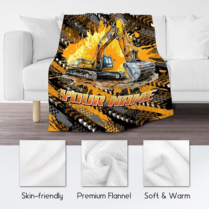Mercuryelf Kids Blanket for Boys Personalized Excavator Blankets Gifts - 4 Sizes Cozy Flannel Throw for Toddler