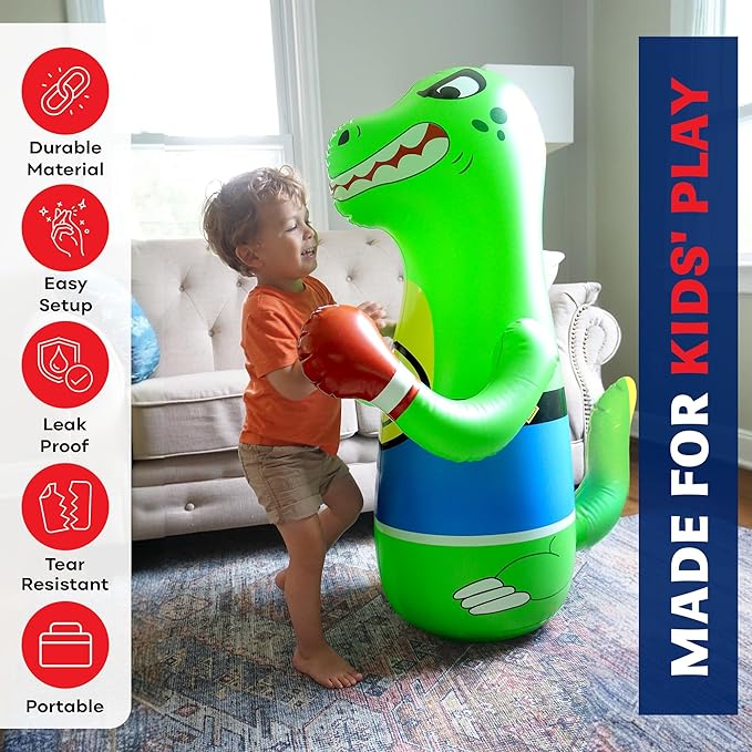 Inflatable Dinosaur Punching Bag for Kids – Bop Bag for Toddlers and Children Ages 3-14 – 47" Blow Up Toy with Bounce-Back Action – Fill Base with Sand or Water