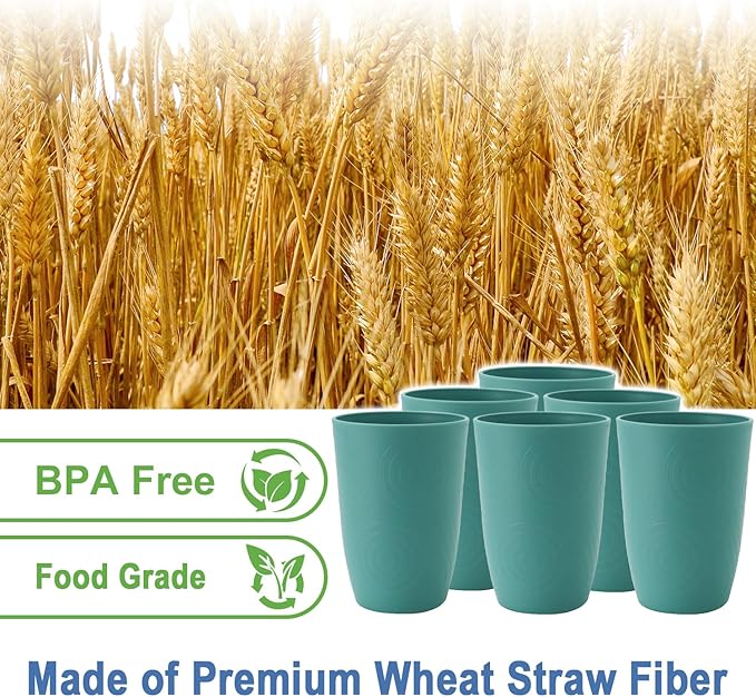 Drinking Cups Set Wheat Straw Cups 16 OZ - Reusable Water Cups Plastic Drinking Glasses 6 PCS Dishwasher Safe Cup Unbreakable Kitchen Cup for Camping, Outdoor Activities -Green