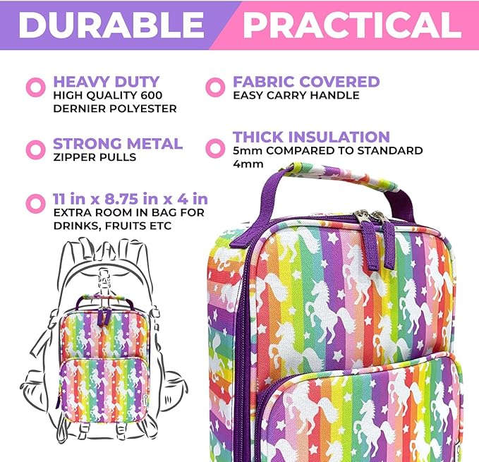 Bento Lunch Box with Insulated Bag, Ice Pack and Bento Accessories for Girls. Snack Containers with 4 Compartment Dividers for Toddlers Pre-School Daycare BPA Free Set, Utensils, Rainbow Unicorn