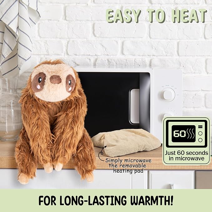 Happy Fuel Sloth Microwavable 1.5 lbs Unscented Heating Pad for Women & Kids - Cute Soft Cozy Pillow Plush Heatable Warm Stuffed Animals - Kawaii Hot & Cold Plushie Toy - Sloth Gifts for Girls & Boys