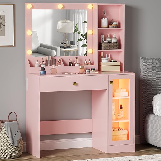 Small Vanity Desk with Mirror and Lights, Makeup Vanity Desk with Adjustable Brightness 3 Light Modes, RGB Storage Cabinet, Power Outlet, Drawer, Shelves (Rose Blush)
