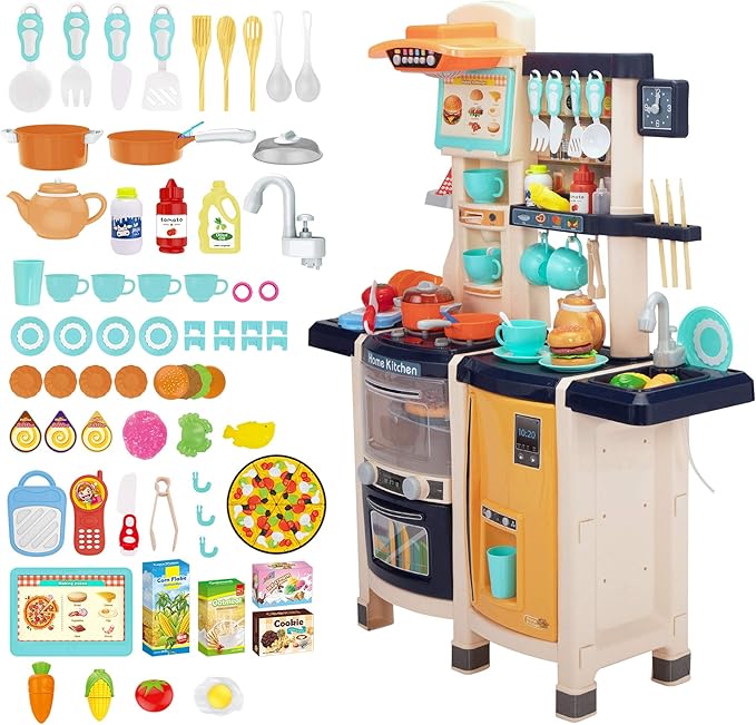 Kids Kitchen Play Set，Interactive Kids Kitchen Play Set with 65Pcs of Pretend Kitchen Toys，Realistic Sound Effects，and Simulated Functionality - Suitable for Toddlers Aged 2-12 Years (Blue)