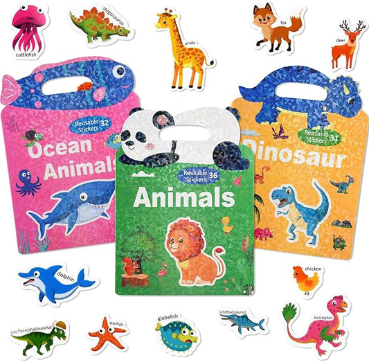 ASTARON 3 Pack Reusable 3D Puffy Sticker Book for Kids 3-6, Jelly Sticker Game Educational Sensory Learning Toy, Travel Toys and Busy Book(Animal Shade Handle)
