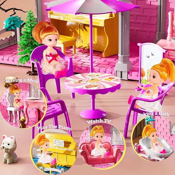 Villa Playset for Girls Ages 3-7, Indoor Playset Girls Toys with 3 Storeys 7 Rooms 2 Dolls for Ages 6-8, Furniture and Accessories, Pretend Toddler Toy, Birthday Gifts for Kids 3 4 5 6 7 8