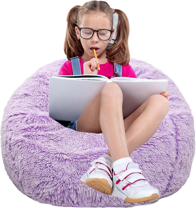 Fluffy Bean Bag Chair for Kids, 2.5FT Round Memory Foam Filled Bean Bag for Teens & Kids, Ultra Soft Faux Fur Fabric Bean Bag Chairs for Playroom, Living Room, Bedroom, Lavender