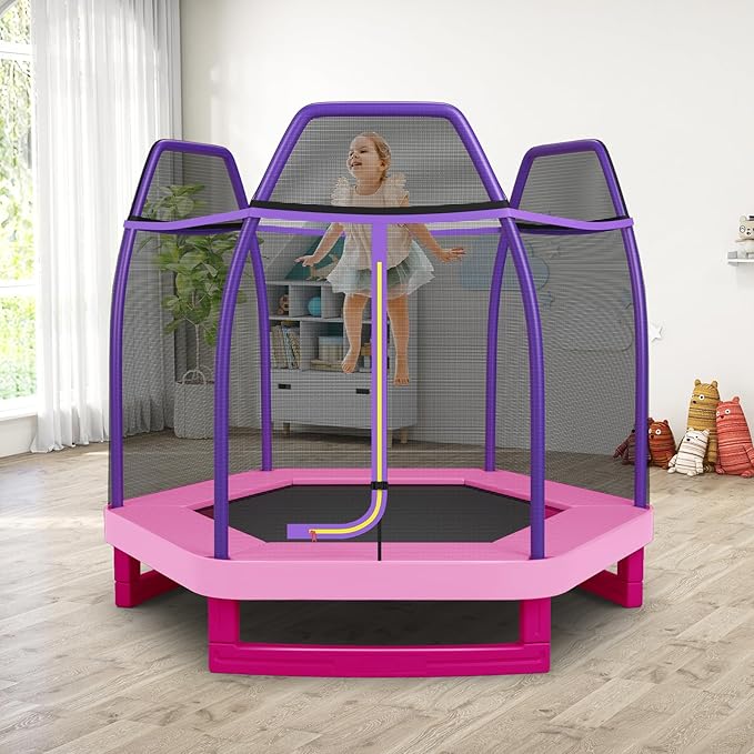 GYMAX Trampoline for Kids, 7FT Toddler Trampoline with Safety Enclosure Net & Seamless Spring Pad, Heavy Duty Small Indoor/Outdoor Trampoline for Boys, Girls Age 3+