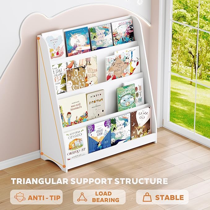 4 Tier Kids Bookshelf and Toy Storage Organizer, Child-Friendly Height & Stable Triangle Design, Toddler Book Shelf for Kids Room, Playroom, Bedroom, Classroom, Nursery, School, White