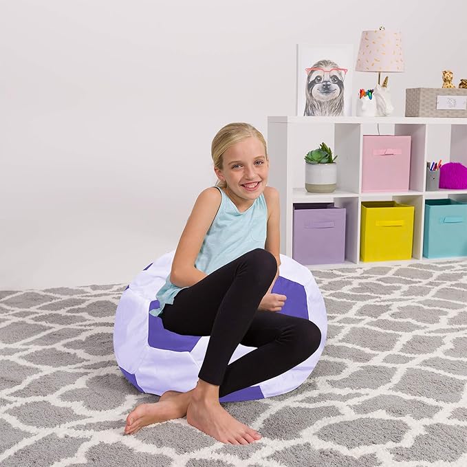 Posh Creations Kids Stuffed Animal Storage Bean Bag Chair Cover - Childrens Toy Organizer, Medium-27in, Sports Soccer Ball Purple and White