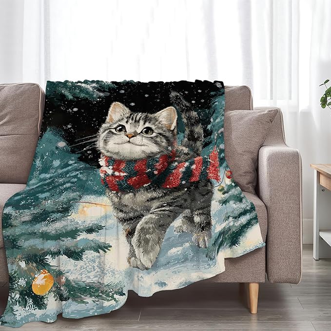 Cat Blanket Christmas Winter Night Throw Blankets Kitten Gifts for Girls Boys Kids Cat Lover Soft Cozy Fleece Plush for Couch Sofa Bed 80"x60"