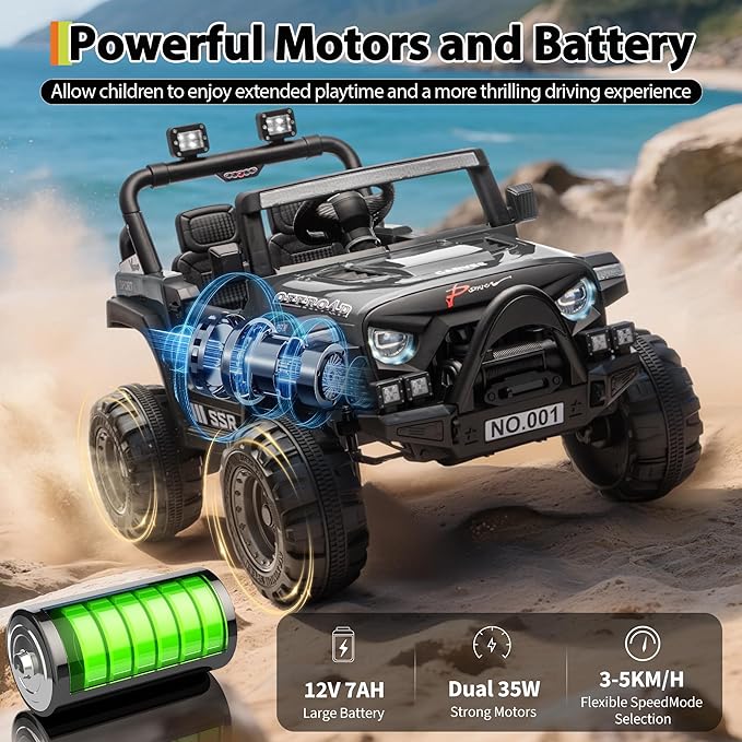 Kids Ride On Truck Car, 12V Ride On Toy Battery Powered Vehicles w/Parent Remote, Spring Suspension, Electric Car for Kids with Bluetooth Music, LED Light, Ideal Car Gift for Boys Girls, Black