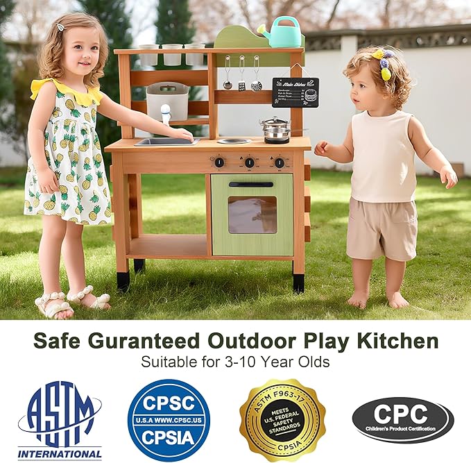 OLLIKIVI Outdoor Play Kitchen for Kids | Wooden Mud Kitchen Set with Removable Sink, Planting Area, Oven, Stove, Dual-Sided Chalkboard & Storage | Backyard Pretend Toy | Ages 3+