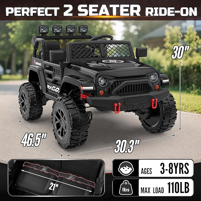 2 Seater Ride On Car for Kids, EVA Tires, 24V 4WD Electric Car w/Remote Control, Bluetooth, LED Lights, Ride On Truck for Boys and Girls Aged 3-8, Black