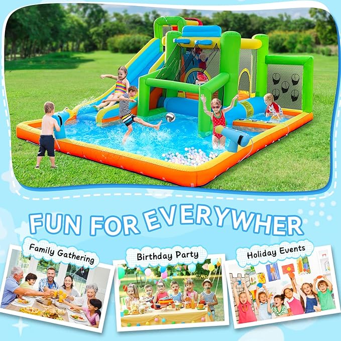 FBSPORT Inflatable Bounce House Water Slide, Bounce House for Kids Indoor Outdoor Bouncy House with 550W Blower, Bounce Castle with Slide Ball Shooting, Water Gun, Splash Pool, Bounce Area, Hose