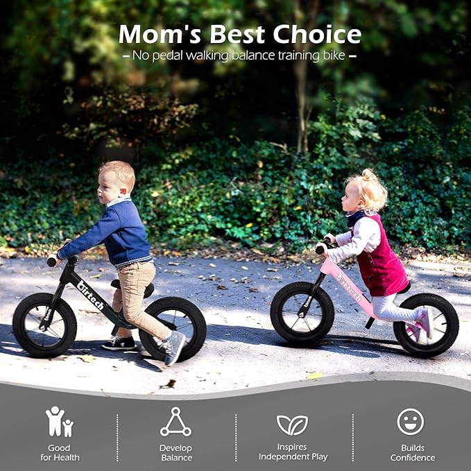 12" Balance Bike for 2, 3, 4, 5 Year Old Boys and Girls, Lightweight Nylon Frame Toddler Training Bike No Pedal Bikes for Kids with Adjustable Seat and Air Tires