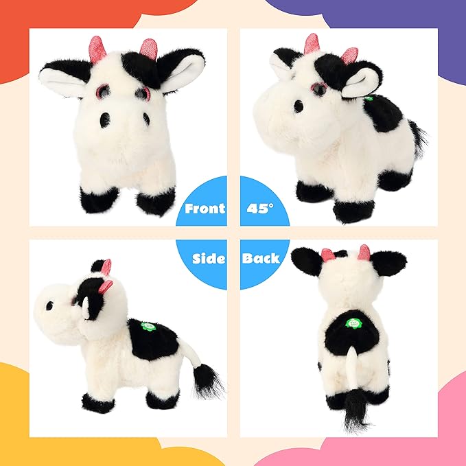 Cuteoy Walking Black Cow Stuffed Animal Speaking Moo Plush Cattle Electric Interactive Animated Plushies Toy for Girls Boys Birthday