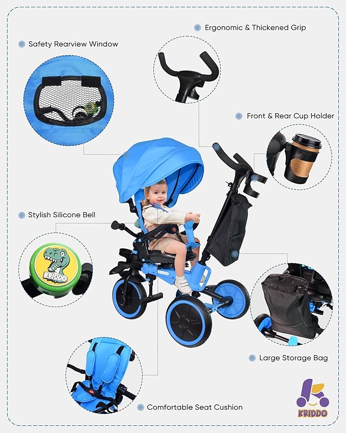KRIDDO 8-in-1 Foldable Tricycle Stroller for Toddlers 18 Months to 5 Years, 5-Point Seatbelt, 1-Step Brake Pedal, Extended Canopy, Triple Footrest, Safety Rearview Window, Detachable Guardrail, Blue
