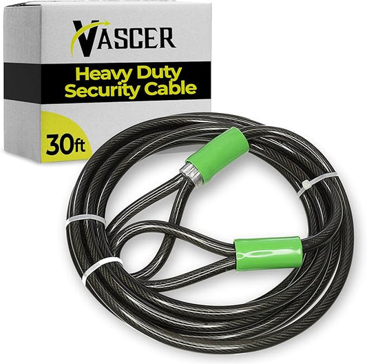 Heavy Duty Security Cable with Loops - 30 Feet (3/8") Bike Cable Lock Cut Resistant with Braided Steel and Vinyl Coating -Security Chain Lock for Bicycle, Boat, Ladder, Gate, Mower & Equipment