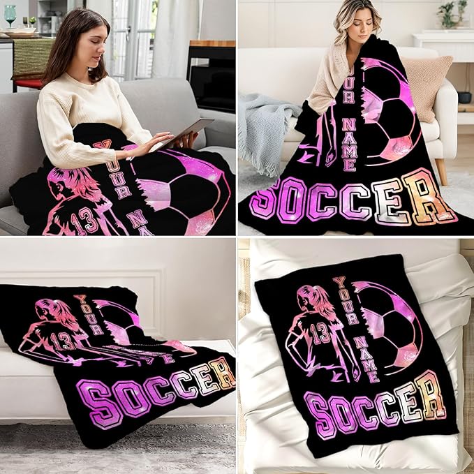 Personalized Soccer Throw Blanket with Name - Soft, Fuzzy & Warm - 40x50 Inches Crib Size Blanket for Couch, Office - Black Cute Throw Gift for Girls, Women