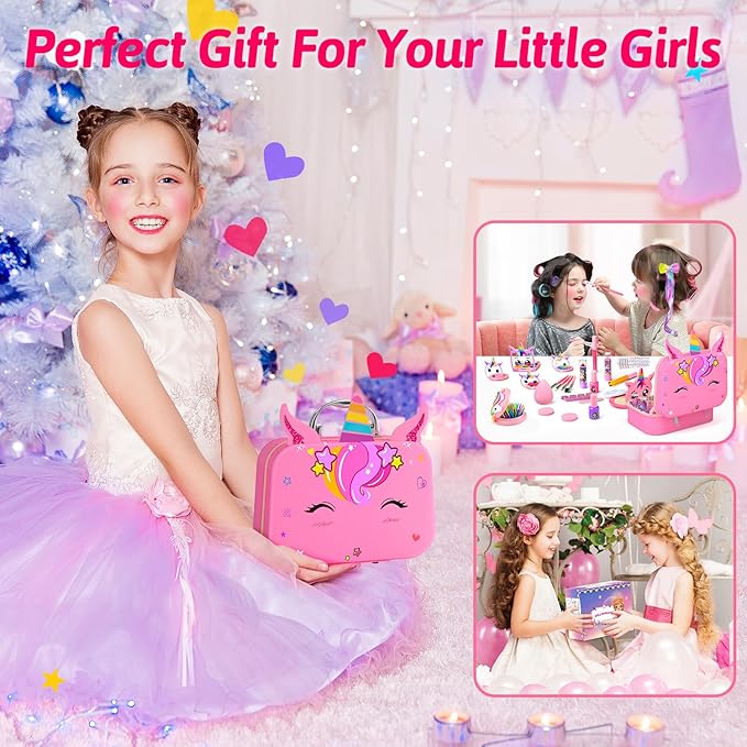 Little Girls Makeup Kit, Pretend Make Up for Kids, Princess Play Makeup Set, Toddler Toy Real Washable Cosmetic Set & Nail Kit Birthday Gift for Ages 3 4 5 6 7 8 9 10-12 Year Old, Pink