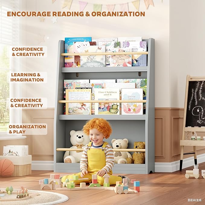 Kids Bookshelf, 3-Tier Montessori Book Shelf Organizer for Books and Toys, Toddler Bookshelf for Bedroom, Living Room, Playroom, Classroom, Nursery - Gray