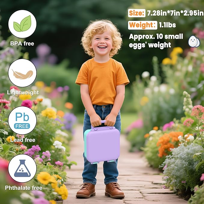 Bento Lunch Box for Kids with 9oz Thermo, Leak-proof Lunch Containers with 3 Compartments,Kids-friendly Size,Durable/Dishwasher Safe Lunch Box for School Outdoors-Purple-blue