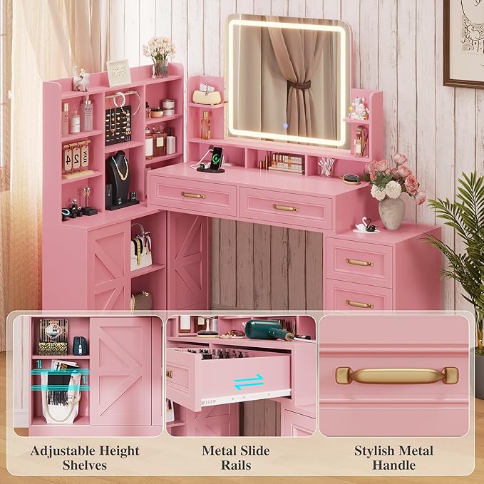 Vanity Desk with Mirror and Lights,Makeup Vanity Table with Lights & 5 Drawers,Makeup Desk with Charging Station & Cabinets Adjustable Width, Modern Dressing Table for Bedroom,Pink