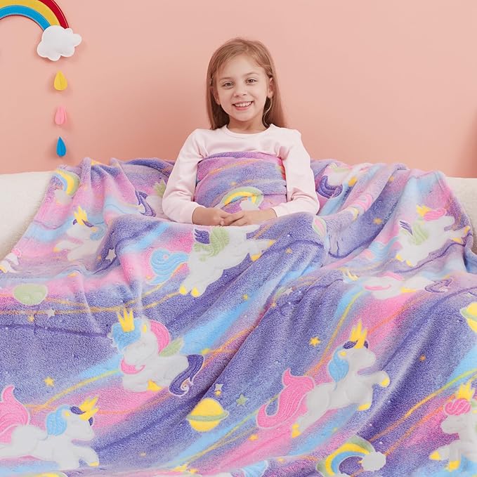Unicorns Gifts Toys for Girls,Glow in The Dark Unicorns Blanket, Birthday Presents Decor for Kids Age 3-14 Year Old Daughter Teen Child Toddler Luminous Christmas Bedroom Throw Blanket 50"x60"