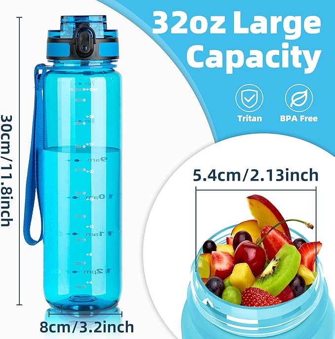 OLDLEY 32 oz Water Bottle, Motivational Water Bottle with Time Marker, Sports Water Bottle With Strap, Leakproof & BPA Free Large Water Bottles for School,Gym,Outdoor, Tritan, Transparent-Blue