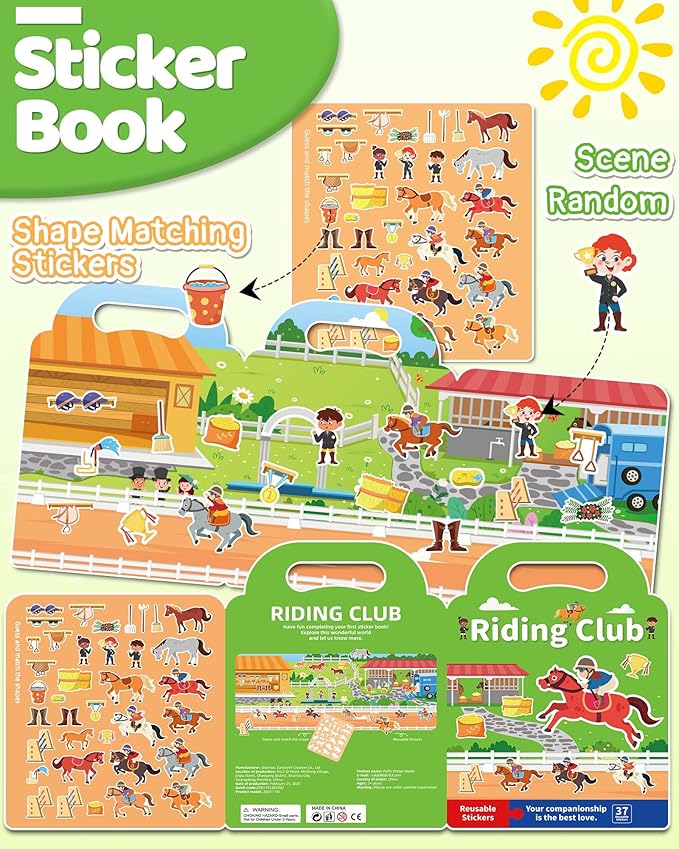 Benresive Reusable Sticker Book for Toddlers 2-4 Years, Fun Travel Stickers for Kids, Waterproof Sticker Books for Toddlers 1-3, Crafts Activities for Toddler 1-3 2-4 3-5 - Riding